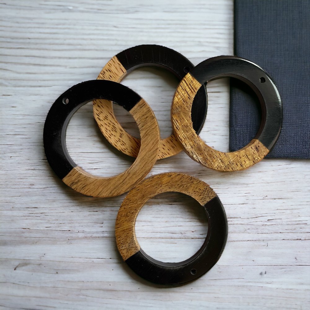 Black Resin and Wood Circle Charm - ClartStudios - Polymer clay Jewellery