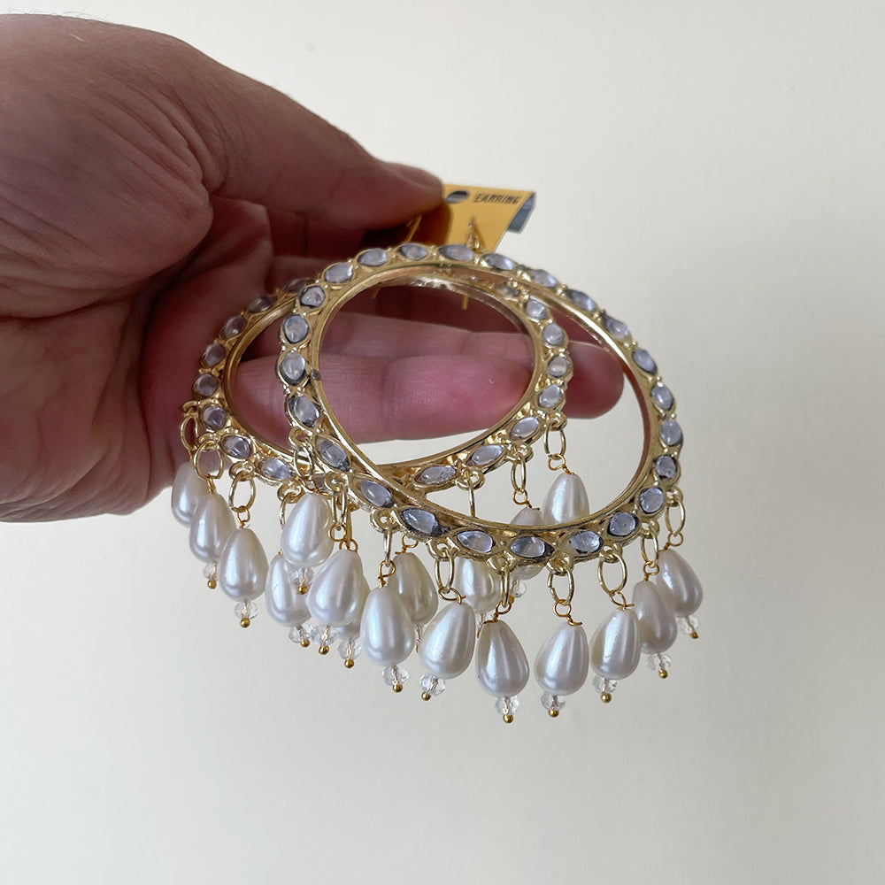 Golden Kundan Circle Jhumka Earring - Pearl bead hanging - ClartStudios - Polymer clay Jewellery