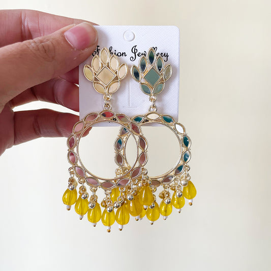 Yellow Beads Light Gold Mirror Earring - ClartStudios - Polymer clay Jewellery