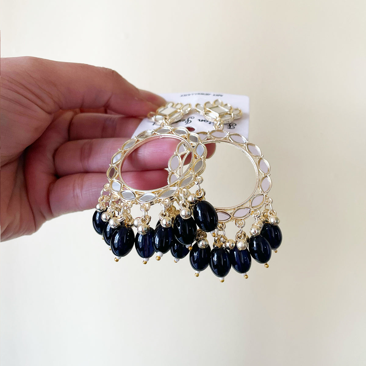 Black Glass Beads Light Gold Mirror Earring - ClartStudios - Polymer clay Jewellery