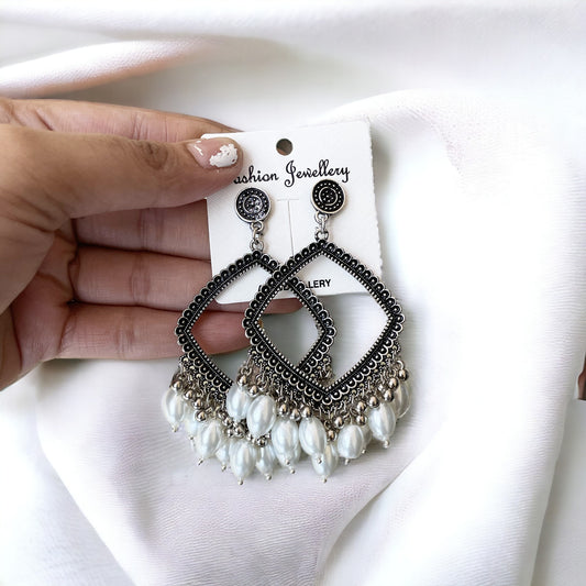 Silver Rhombus Oxidised Earring (Pearl Beads) - ClartStudios - Polymer clay Jewellery