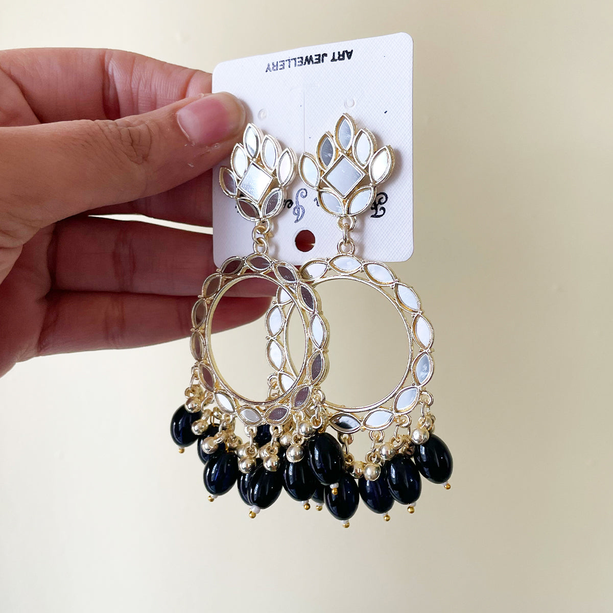 Black Glass Beads Light Gold Mirror Earring - ClartStudios - Polymer clay Jewellery