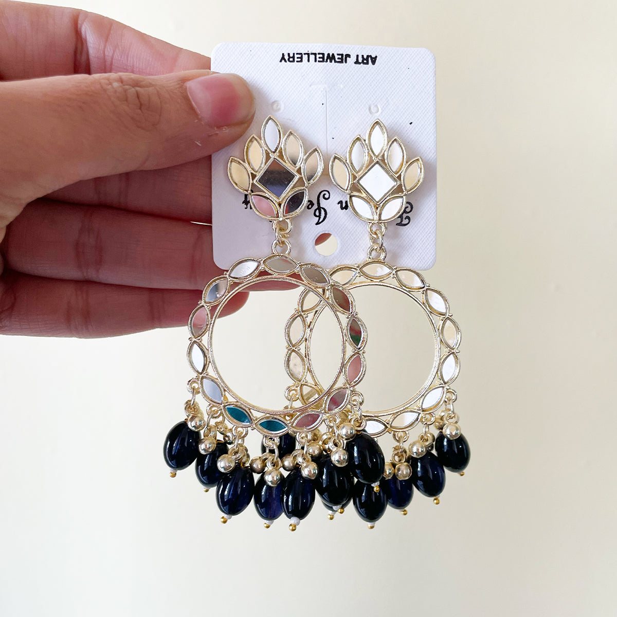 Black Glass Beads Light Gold Mirror Earring - ClartStudios - Polymer clay Jewellery