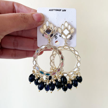 Black Glass Beads Light Gold Mirror Earring - ClartStudios - Polymer clay Jewellery