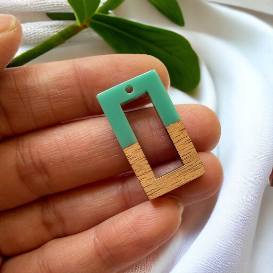 Teal Resin and Wood Rectangle Charm - ClartStudios - Polymer clay Jewellery