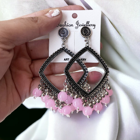 Silver Rhombus Oxidised Earring (Pink Beads) - ClartStudios - Polymer clay Jewellery