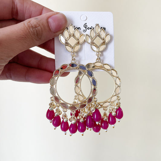 Fushia Acrylic Beads Light Gold Mirror Earring - ClartStudios - Polymer clay Jewellery