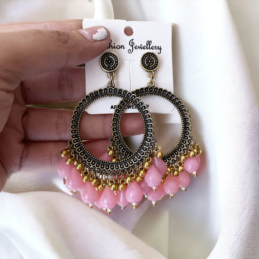 Golden Circle Oxidised Earring (Pink Beads) - ClartStudios - Polymer clay Jewellery