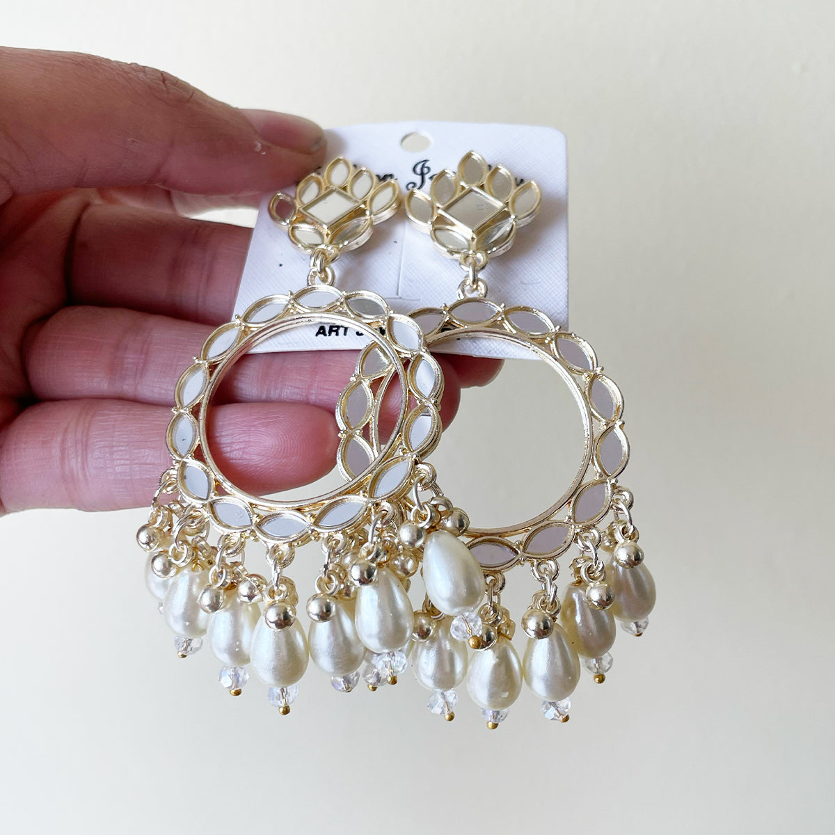 Pearl Acrylic Beads Light Gold Mirror Earring - ClartStudios - Polymer clay Jewellery