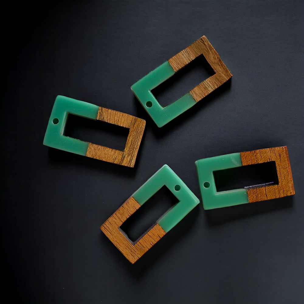 Teal Resin and Wood Rectangle Charm - ClartStudios - Polymer clay Jewellery