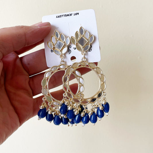 Blue Acrylic Beads Light Gold Mirror Earring - ClartStudios - Polymer clay Jewellery