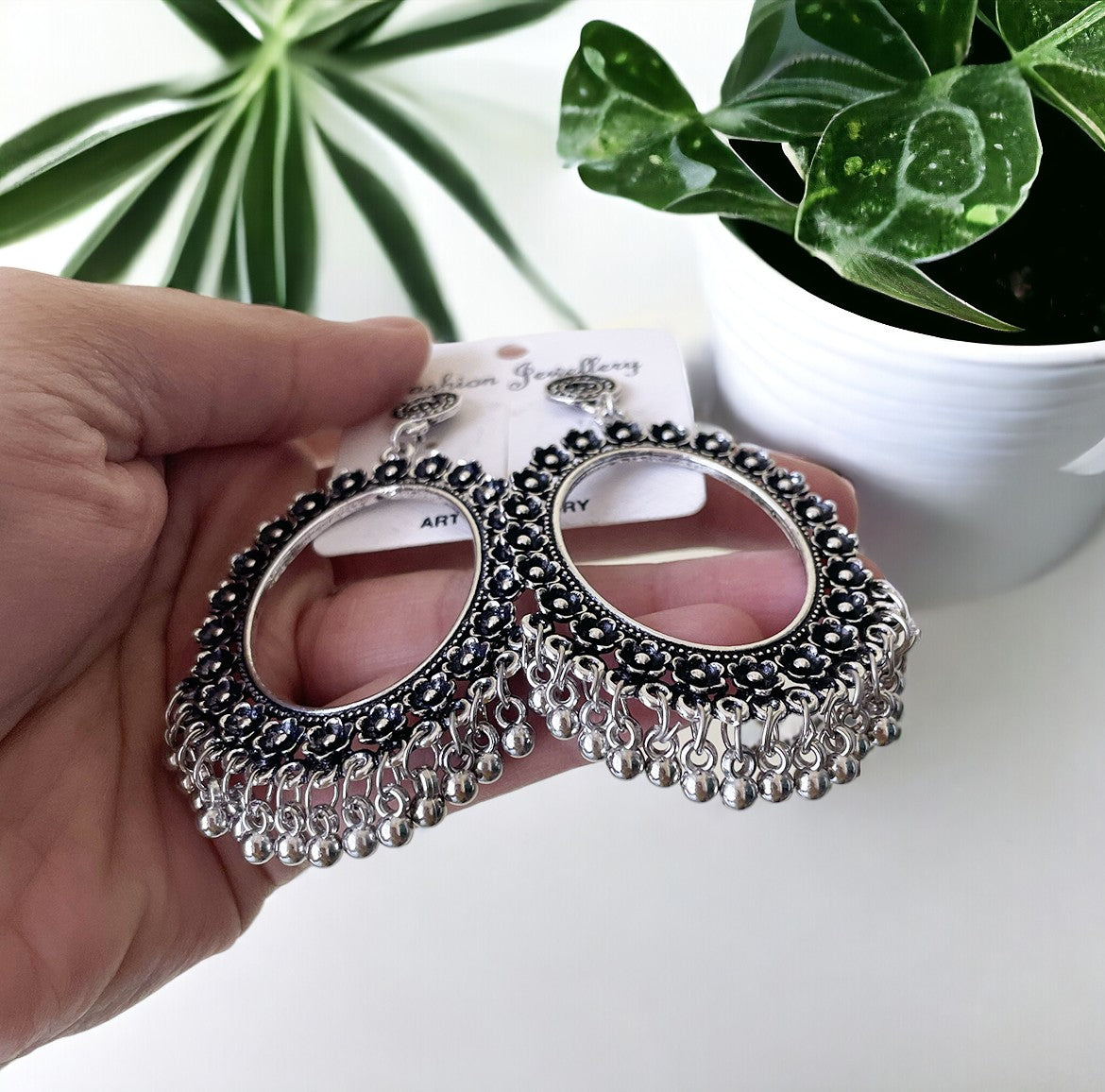 Oval Flower Frame Oxidised Earring - ClartStudios - Polymer clay Jewellery