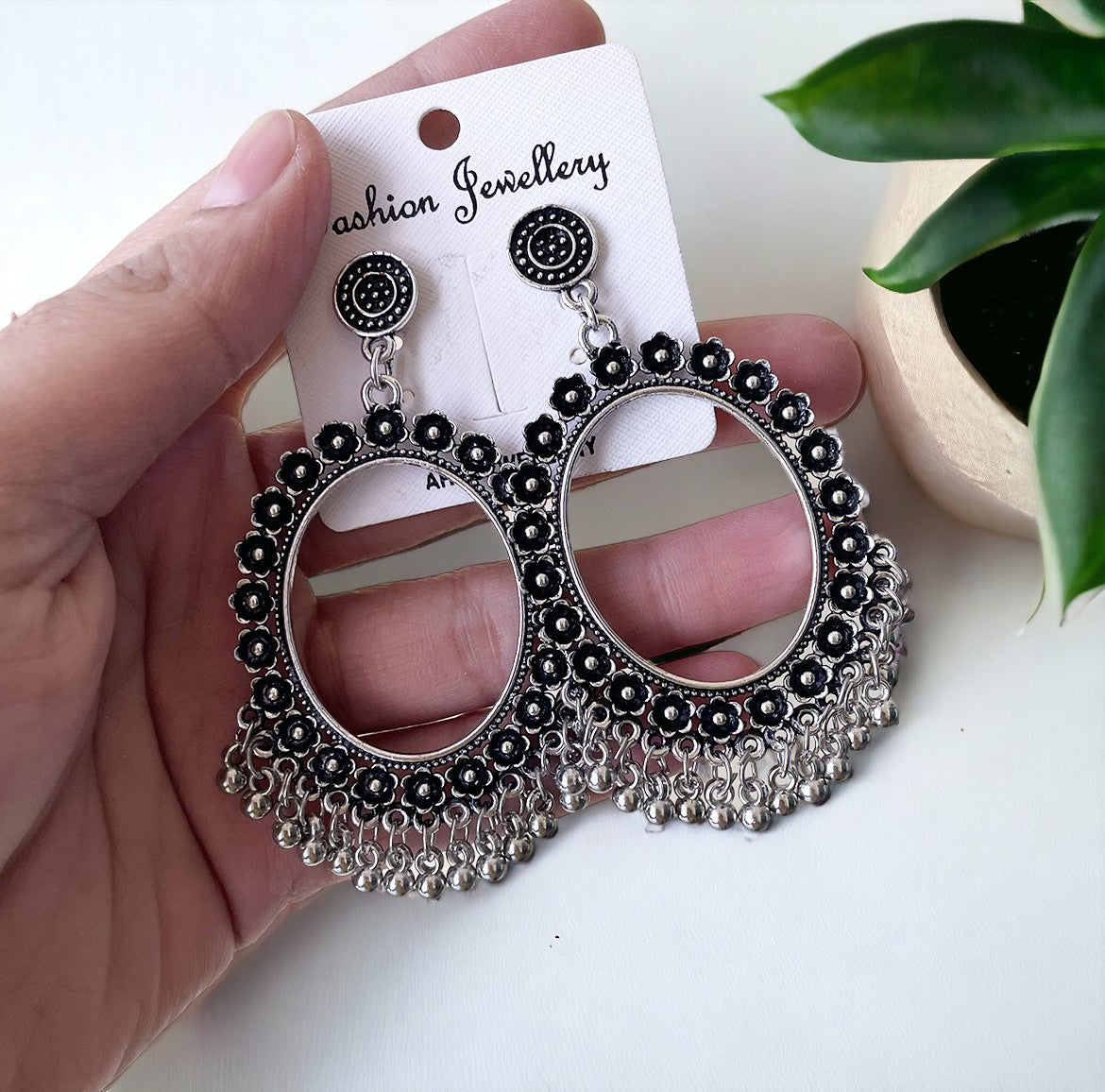 Oval Flower Frame Oxidised Earring - ClartStudios - Polymer clay Jewellery