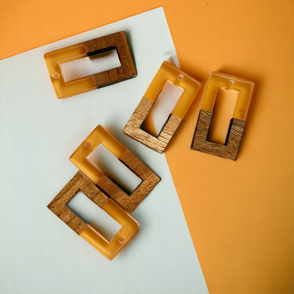 Orange Resin and Wood Rectangle Charm - ClartStudios - Polymer clay Jewellery