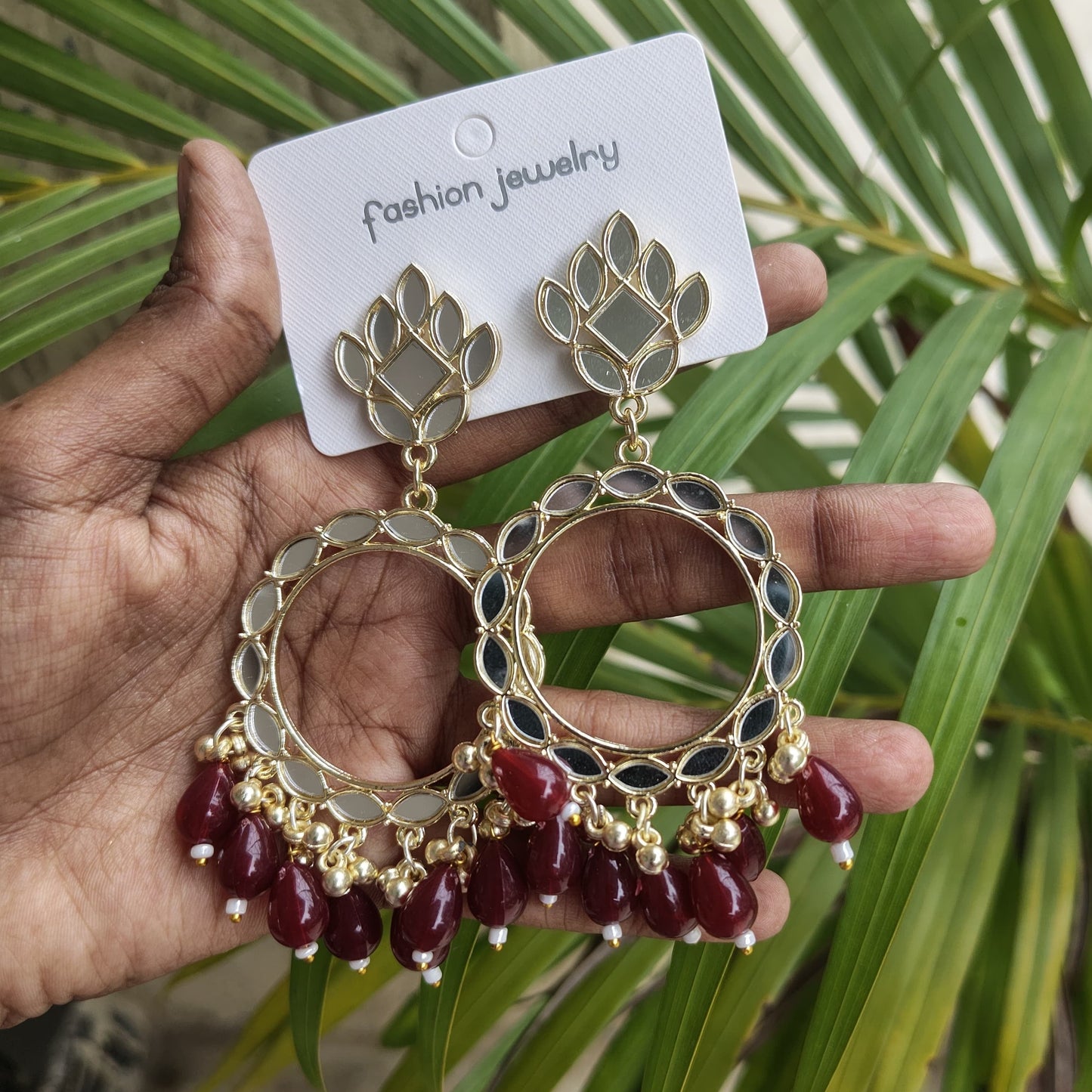 JB56 - Maroon Beads Light Gold Mirror Earring - Best Quality - ClartStudios - Polymer clay Jewellery