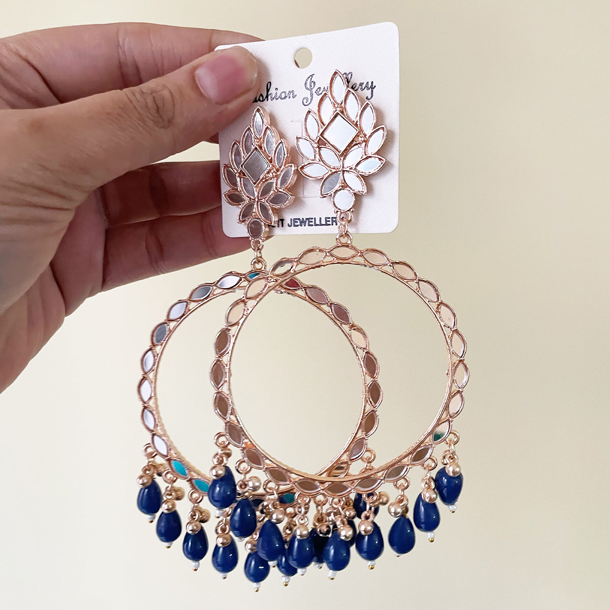 Blue Acrylic Beads Rose Gold Mirror Earring - ClartStudios - Polymer clay Jewellery