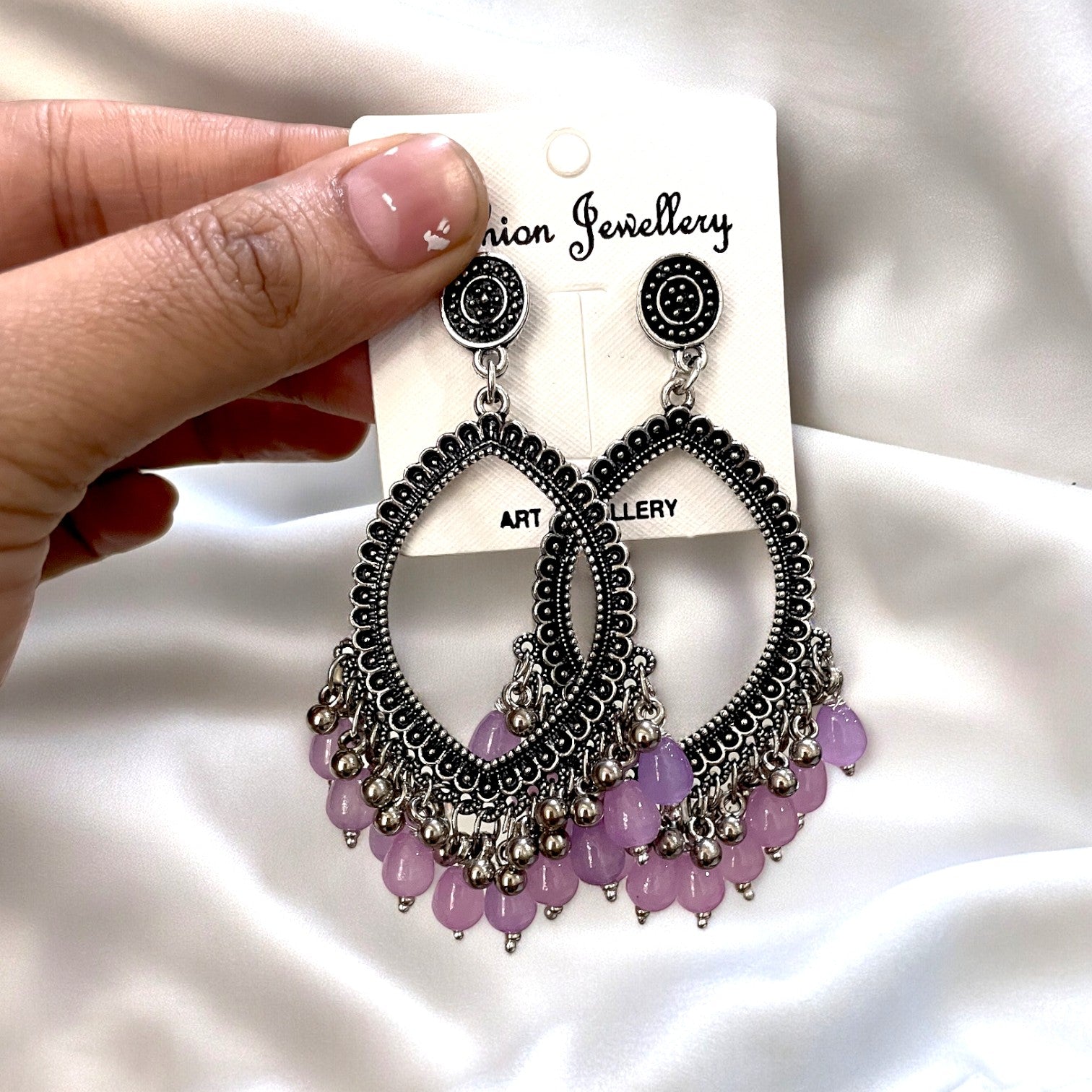 Silver Motif Oxidised Earring (Lilac Beads) For Resin Art - ClartStudios - Polymer clay Jewellery