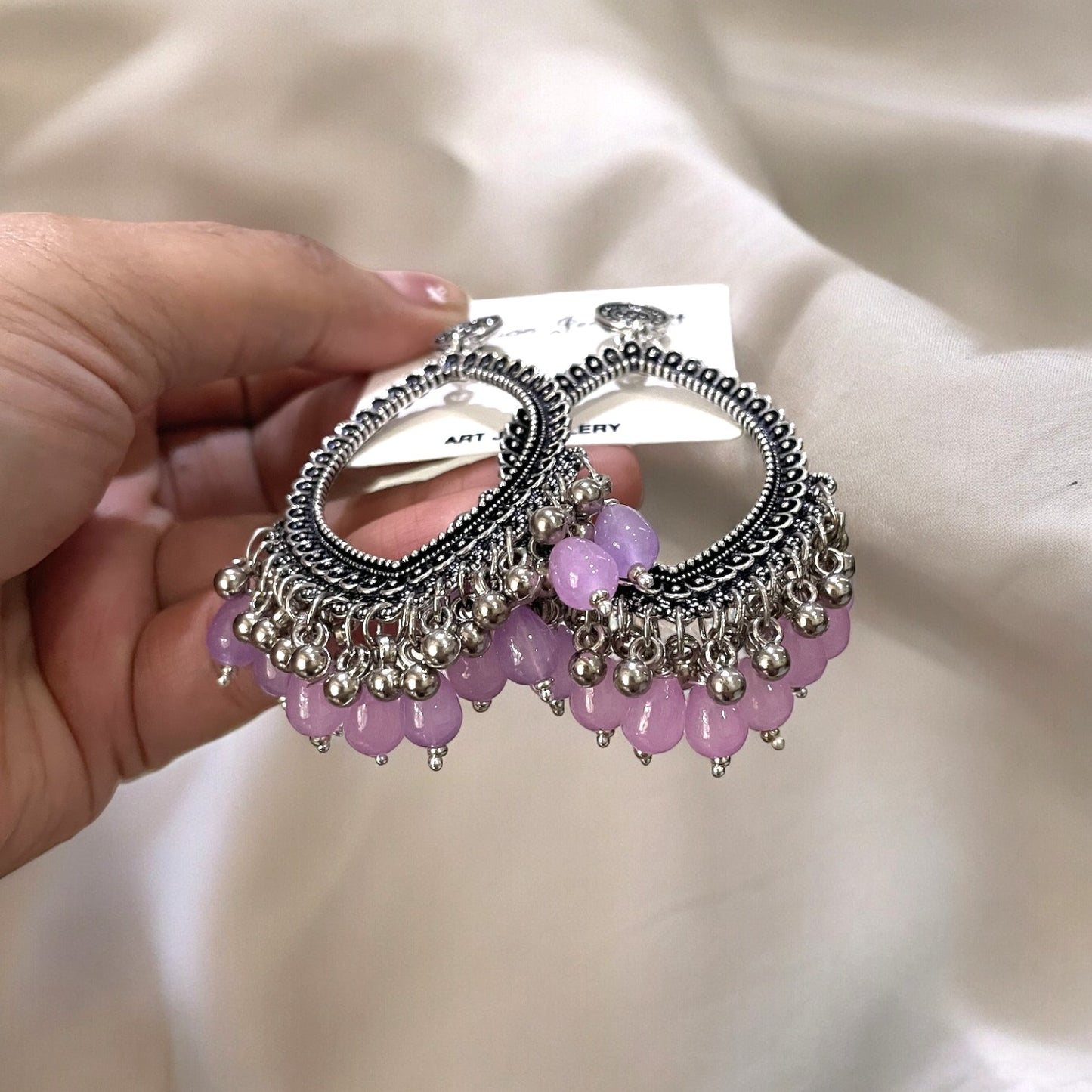 Silver Motif Oxidised Earring (Lilac Beads) For Resin Art - ClartStudios - Polymer clay Jewellery