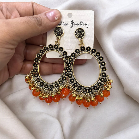 Golden Flower Oxidised Earring (Orange Beads) - ClartStudios - Polymer clay Jewellery