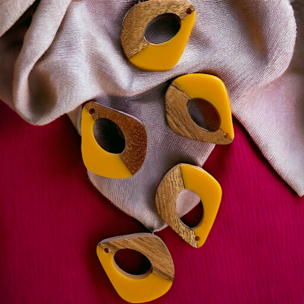 Mustard Resin and Wood Drop Charm - ClartStudios - Polymer clay Jewellery