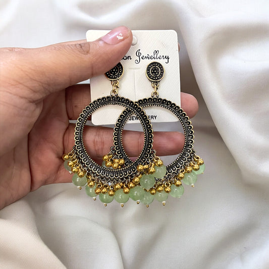 Golden Circle Earring (Pista Green Beads) For Resin Art - ClartStudios - Polymer clay Jewellery