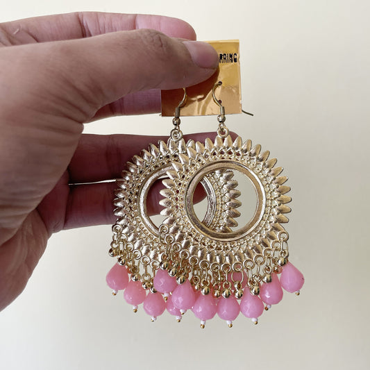 Pink Beads Golden Circle Jhumka Earring (Mediocre Quality - Clearance) - ClartStudios - Polymer clay Jewellery