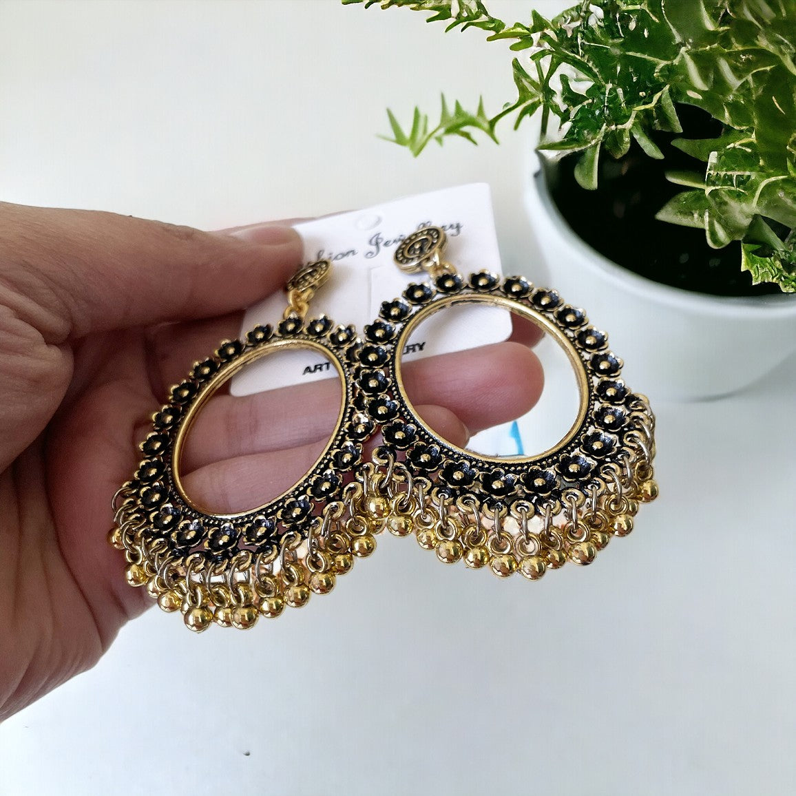 Golden Oval Flower Frame Oxidised Earring - ClartStudios - Polymer clay Jewellery