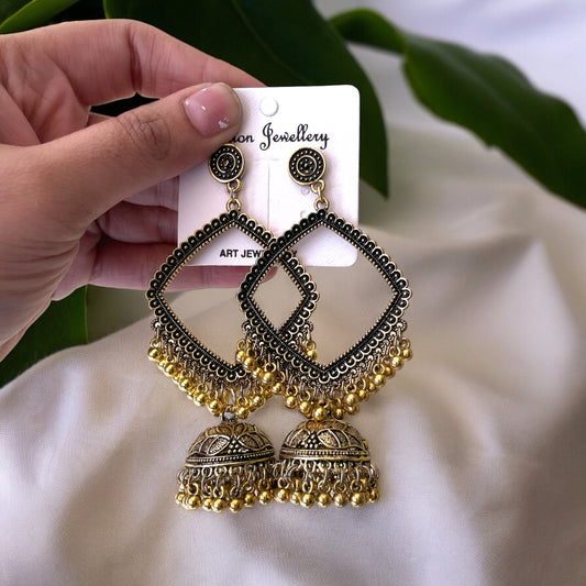 Rhombus Circle Oxidised Earring With Hanging - ClartStudios - Polymer clay Jewellery