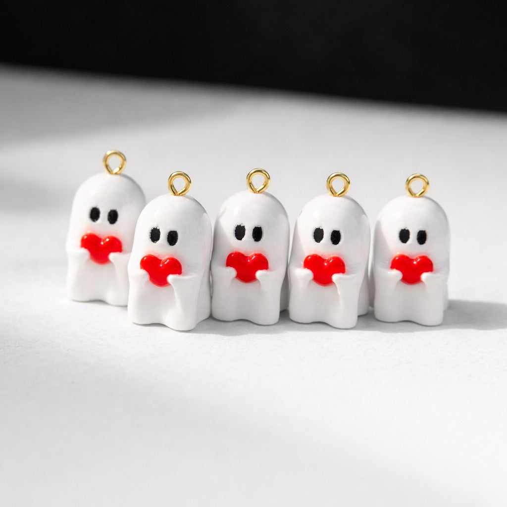 R021 - Cute Ghost With Heart Charm - Waterproof & Adorable - ClartStudios - Polymer clay Jewellery