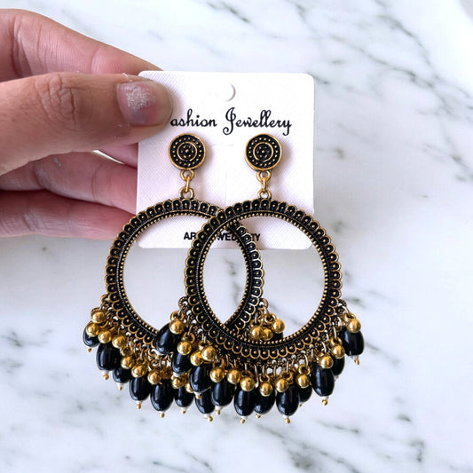 Golden Circle Oxidised Earring (Black Glass Beads) for Resin Art - ClartStudios - Polymer clay Jewellery