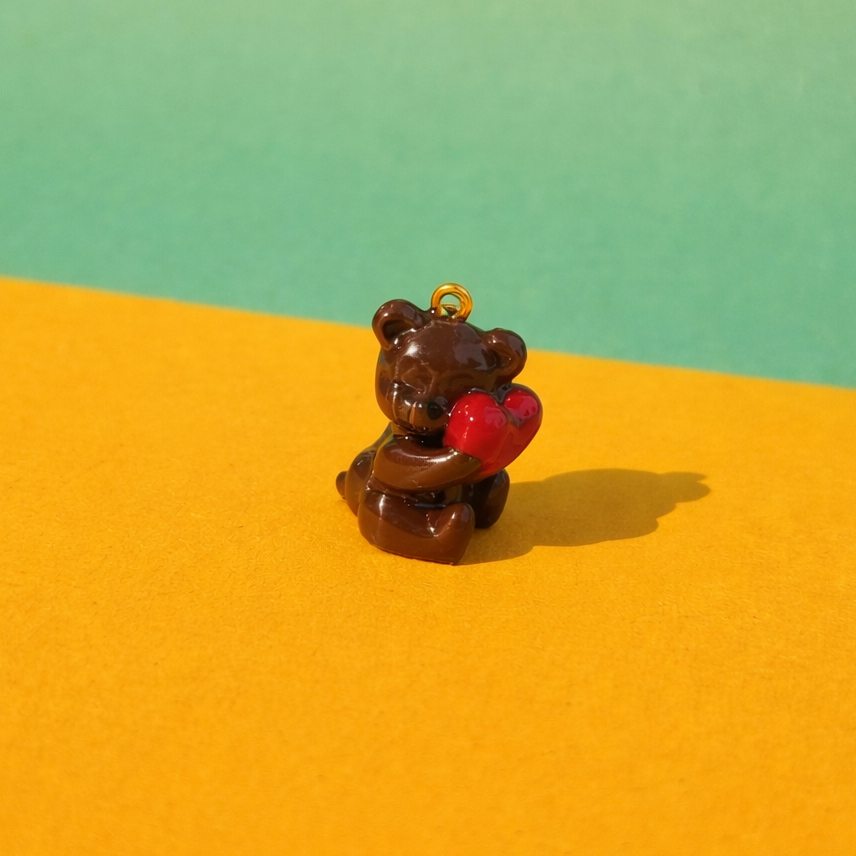 R019 - Dark Chocolate Bear with Heart Charm - Waterproof & Adorable - ClartStudios - Polymer clay Jewellery