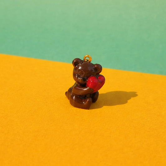 R019 - Dark Chocolate Bear with Heart Charm - Waterproof & Adorable - ClartStudios - Polymer clay Jewellery