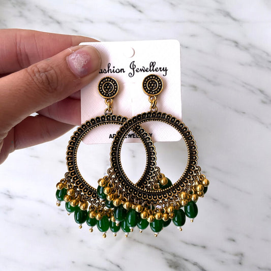 Golden Circle Oxidised Earring (Green Glass Beads) for Resin Art - ClartStudios - Polymer clay Jewellery