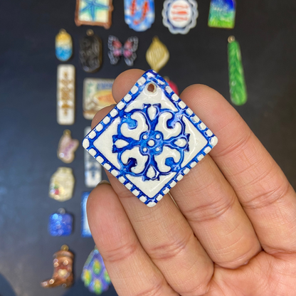 CN 09 - Blue Tile Textured Hand Painted - Handmade Clay Charm - ClartStudios - Polymer clay Jewellery