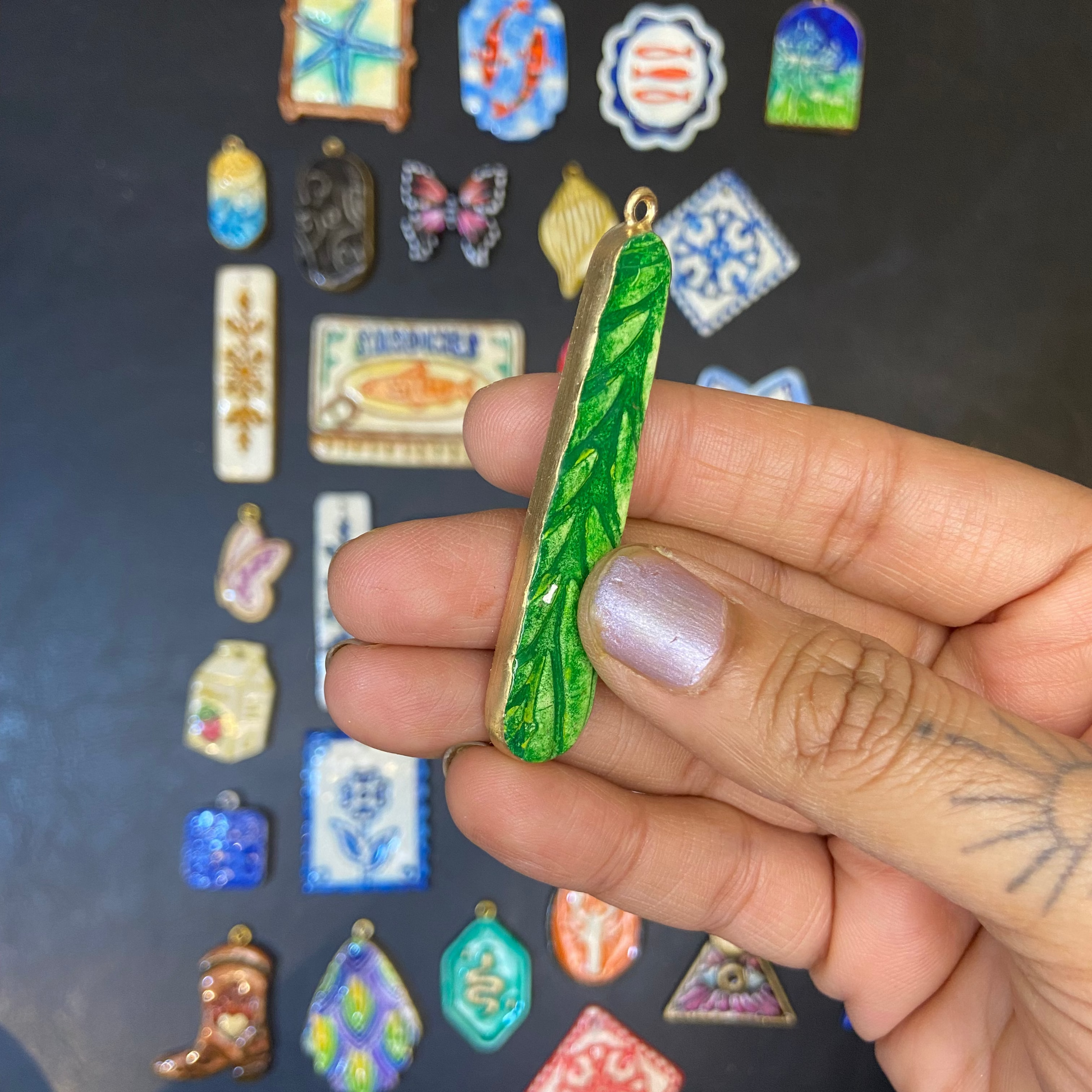 CN 17 - LeafTextured Dangle Hand Painted - Handmade Clay Charm - ClartStudios - Polymer clay Jewellery