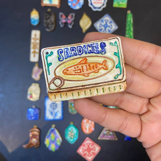 CN 12 - Sardines Can Tin Textured Hand Painted - Handmade Clay Charm - ClartStudios - Polymer clay Jewellery