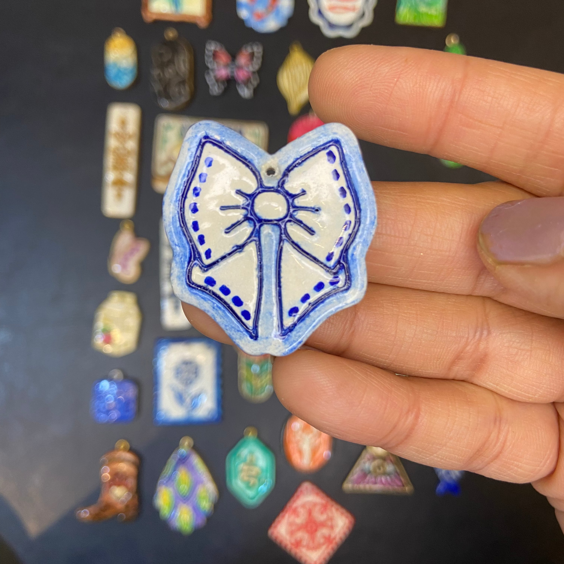 CN 31 - Bow Textured Hand Painted - Handmade Clay Charm - ClartStudios - Polymer clay Jewellery