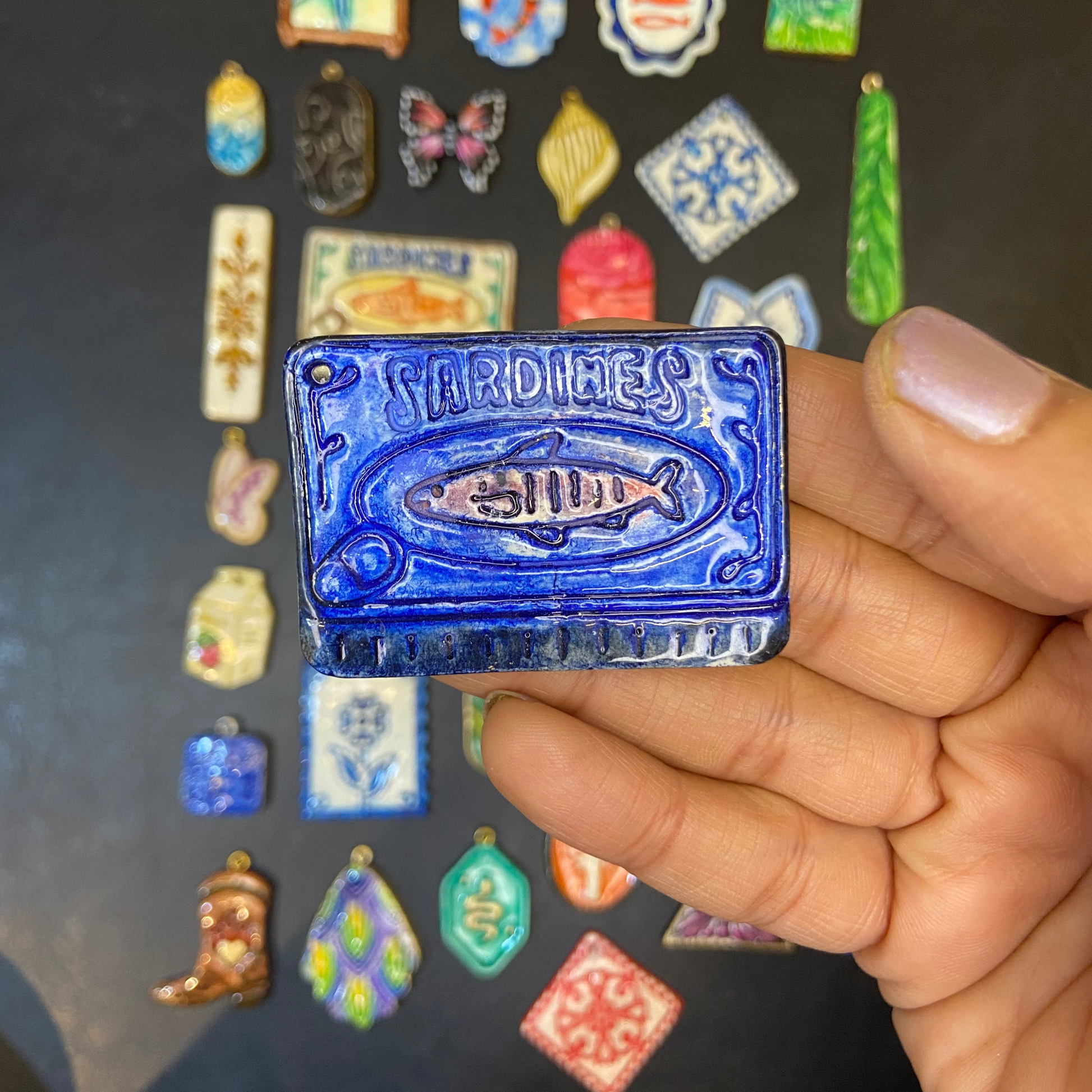 CN 13 - Blue Sardines Can Tin Textured Hand Painted - Handmade Clay Charm - ClartStudios - Polymer clay Jewellery