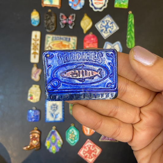 CN 13 - Blue Sardines Can Tin Textured Hand Painted - Handmade Clay Charm - ClartStudios - Polymer clay Jewellery