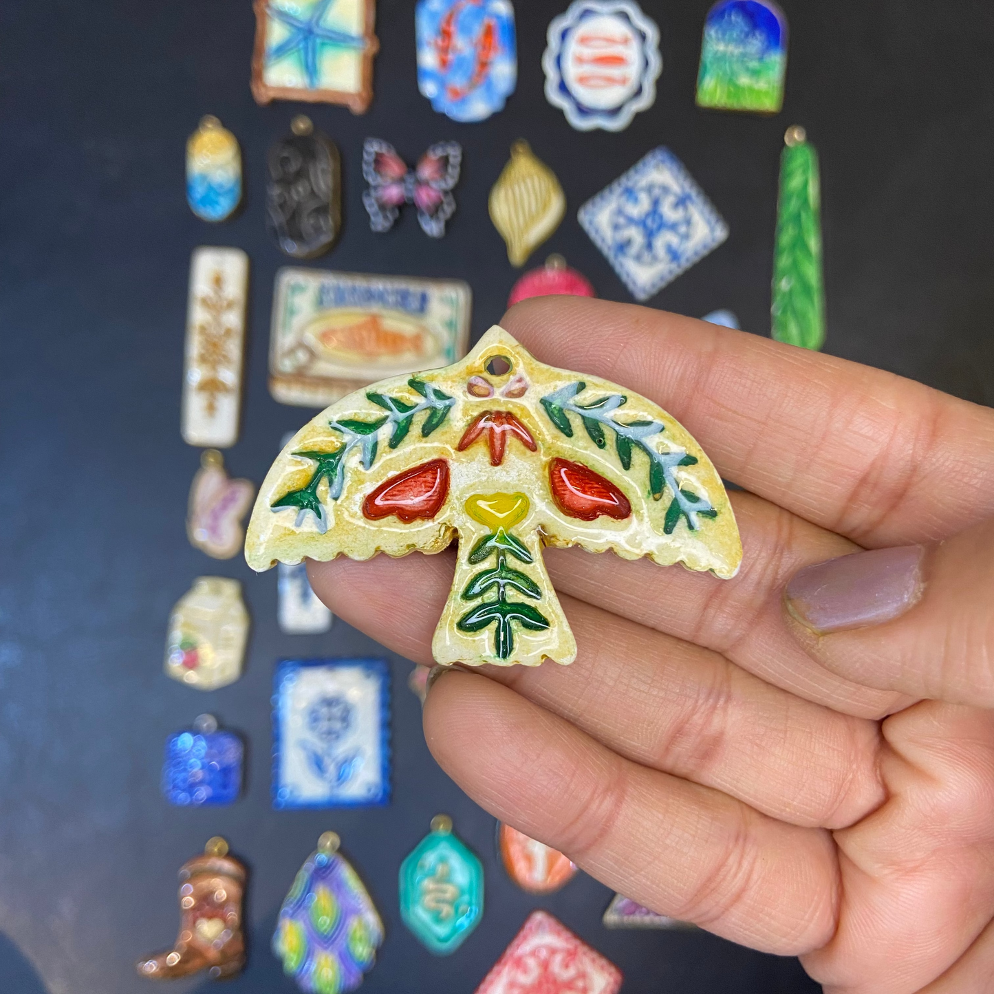 CN 24 - Bird Nature Textured Hand Painted - Handmade Clay Charm - ClartStudios - Polymer clay Jewellery