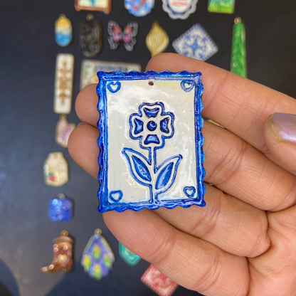 CN 23 - Flower in a Frame Nature Textured Hand Painted - Handmade Clay Charm - ClartStudios - Polymer clay Jewellery