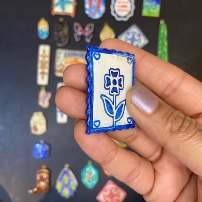 CN 23 - Flower in a Frame Nature Textured Hand Painted - Handmade Clay Charm - ClartStudios - Polymer clay Jewellery