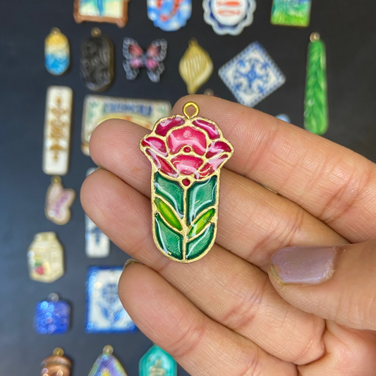 CN 27 - Stain-glass Rose  Textured Hand Painted - Handmade Clay Charm - ClartStudios - Polymer clay Jewellery
