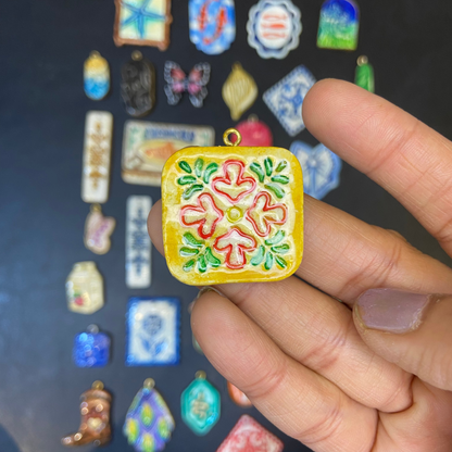 CN 20 - Classic Tile Nature Textured Hand Painted - Handmade Clay Charm - ClartStudios - Polymer clay Jewellery