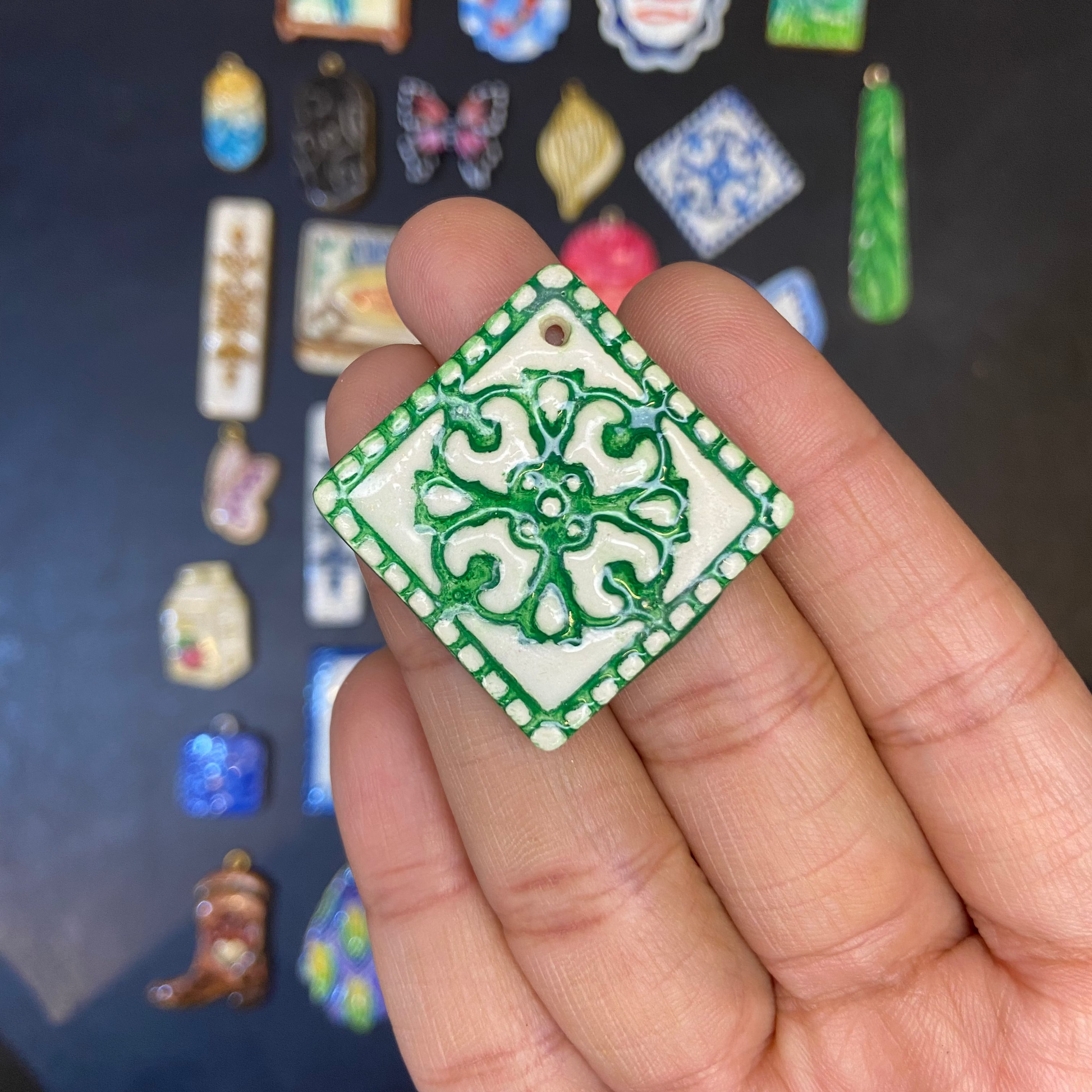 CN 11 - Green Tile Textured Hand Painted - Handmade Clay Charm - ClartStudios - Polymer clay Jewellery