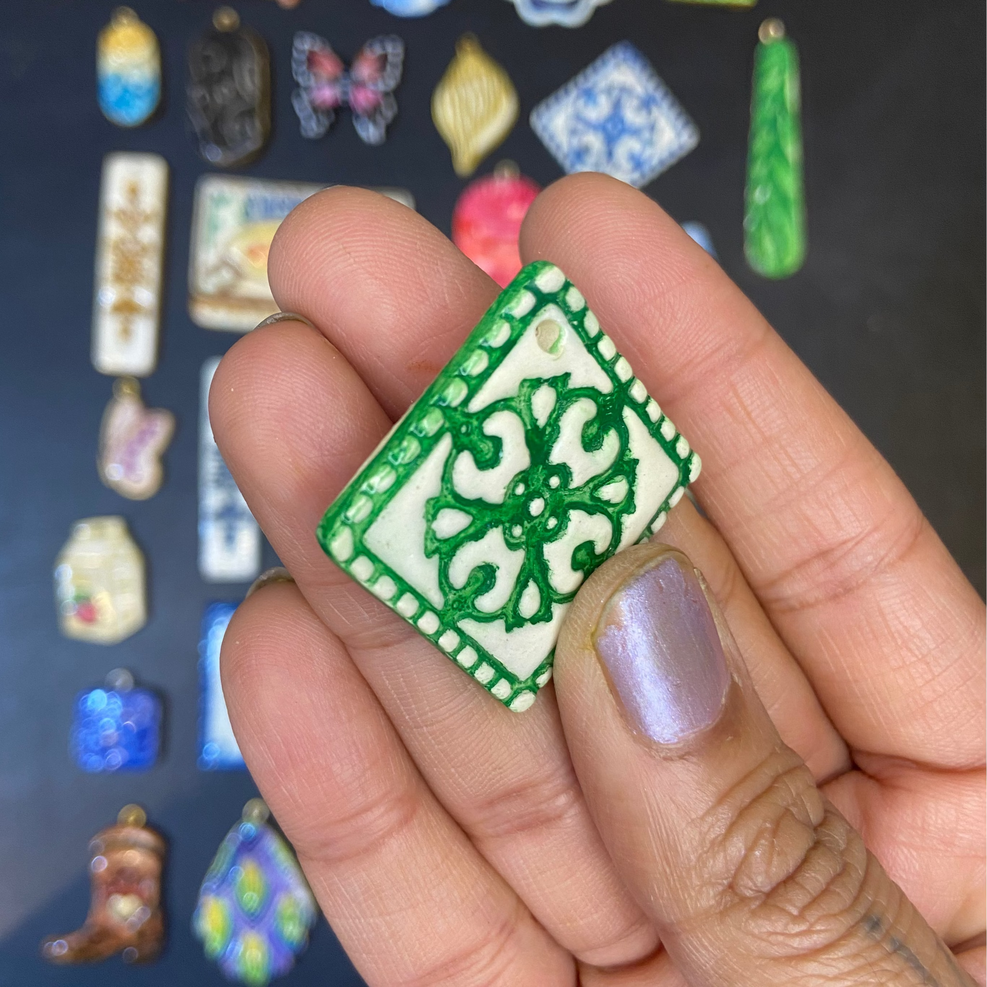 CN 11 - Green Tile Textured Hand Painted - Handmade Clay Charm - ClartStudios - Polymer clay Jewellery