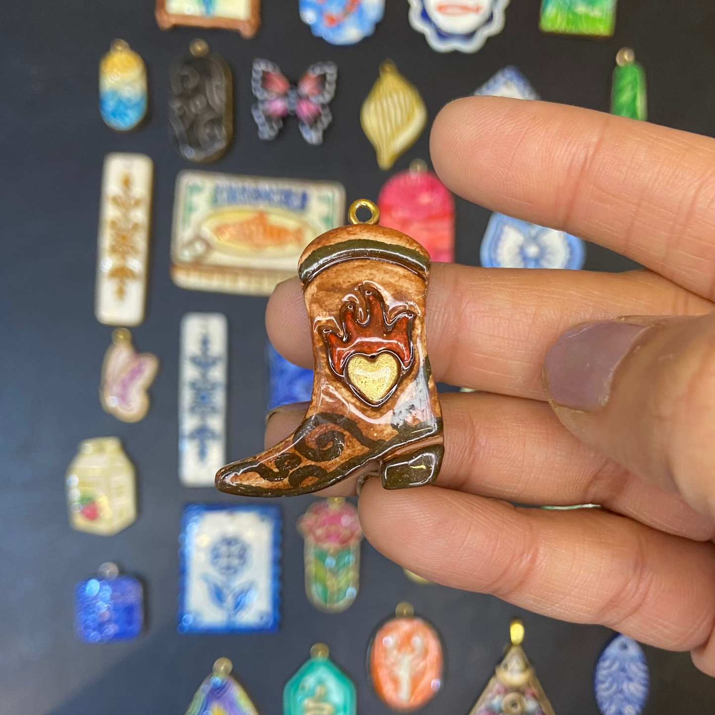 CN 26 - Cowboy Shoe Textured Hand Painted - Handmade Clay Charm - ClartStudios - Polymer clay Jewellery