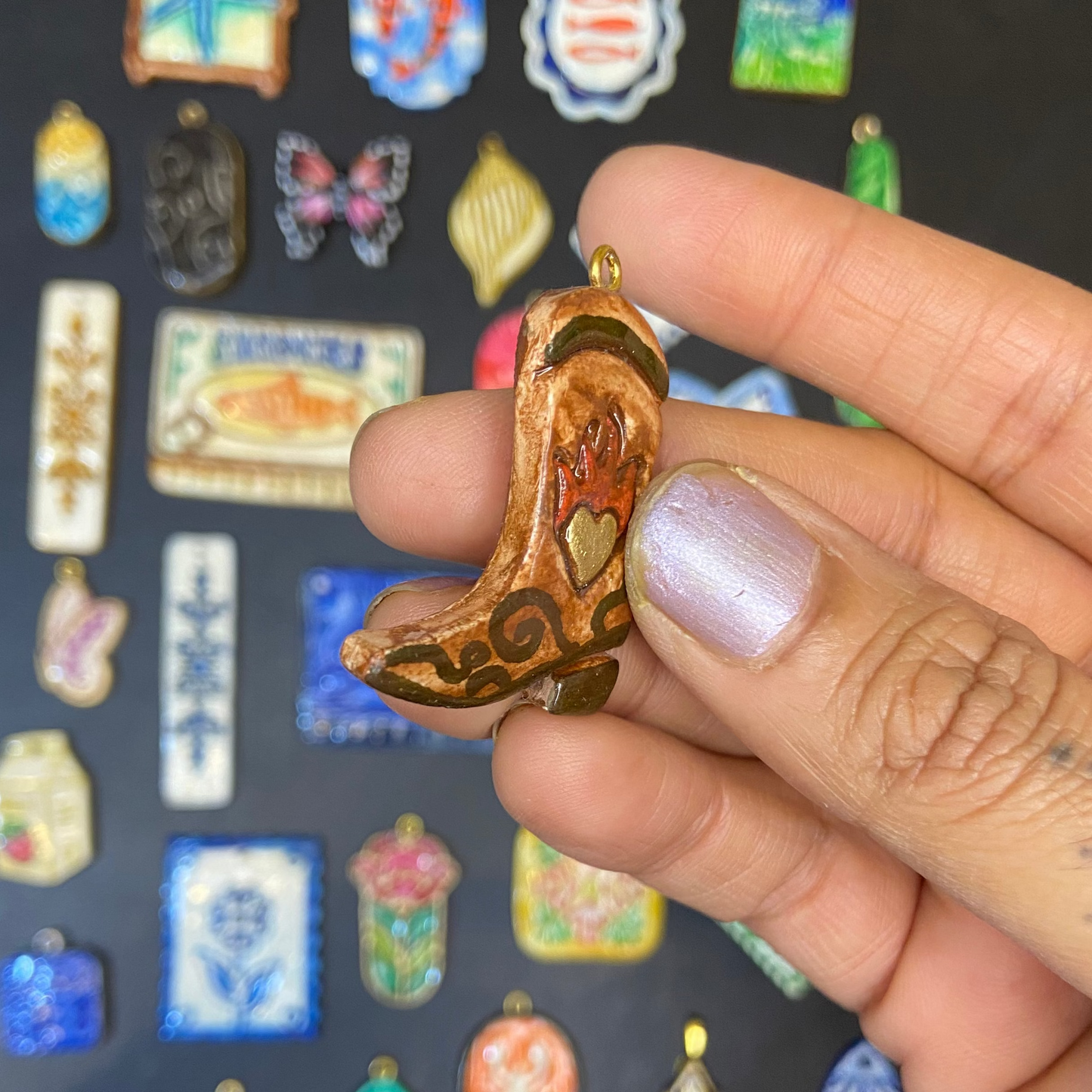 CN 26 - Cowboy Shoe Textured Hand Painted - Handmade Clay Charm - ClartStudios - Polymer clay Jewellery