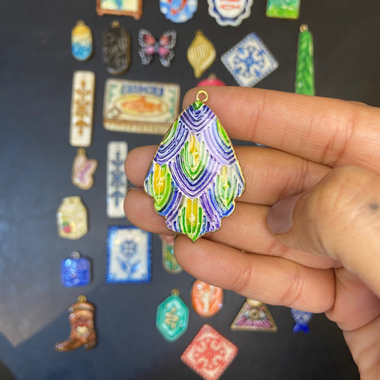 CN 22 - Peacock Feather Nature Textured Hand Painted - Handmade Clay Charm - ClartStudios - Polymer clay Jewellery