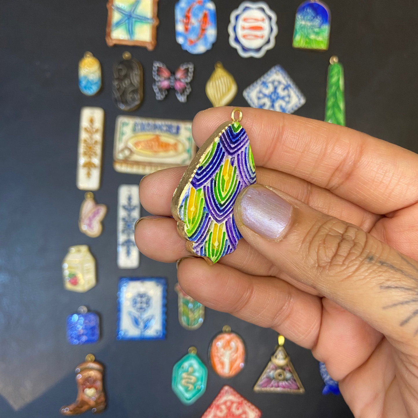 CN 22 - Peacock Feather Nature Textured Hand Painted - Handmade Clay Charm - ClartStudios - Polymer clay Jewellery